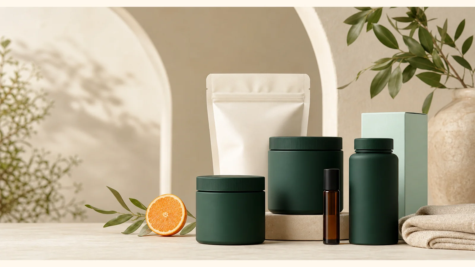 Unbranded wellness containers arranged in a warm cream studio